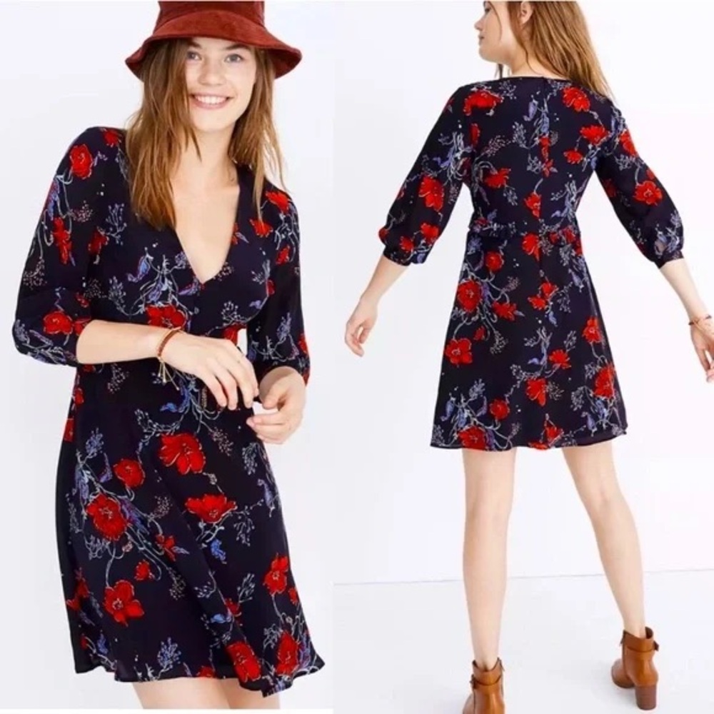 Nwt Madewell‎ Silk Ruffle-Waist Dress in Windblown Poppies nwt